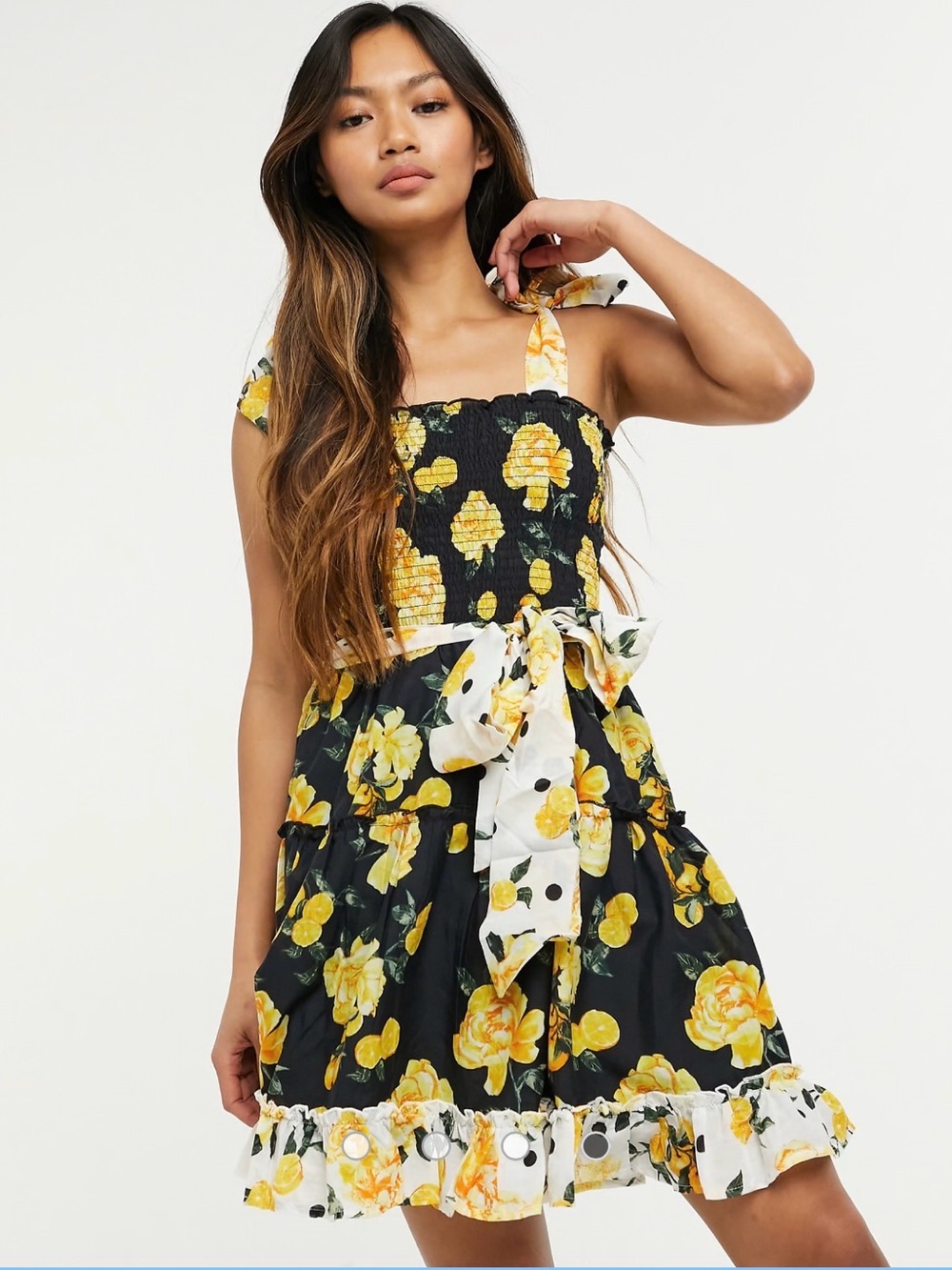 River Island Smocked Black & Yellow Floral Tie-Waist Sundress - Picture 1 of 5